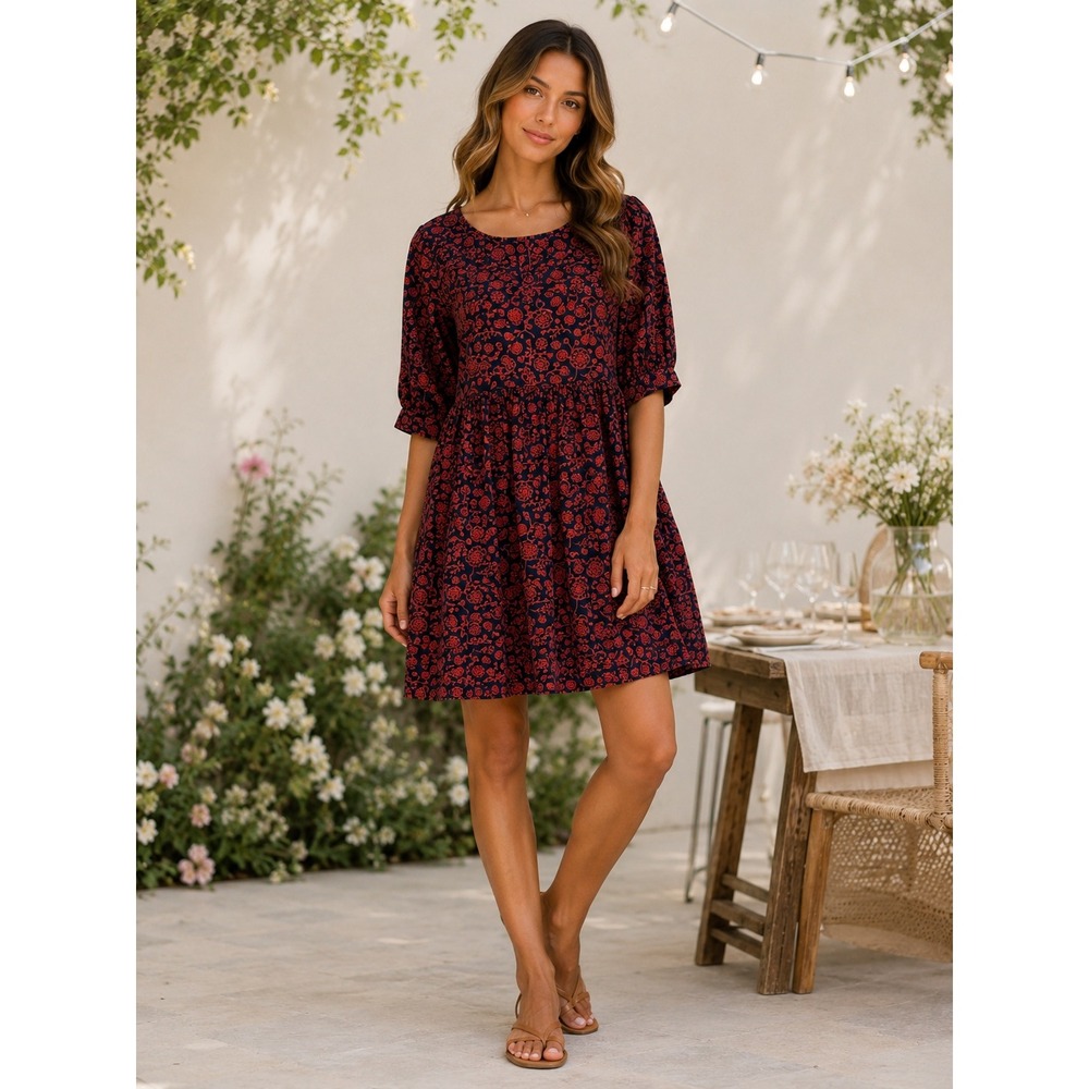 Mata Traders Burgundy and Navy Floral Tiered Dress